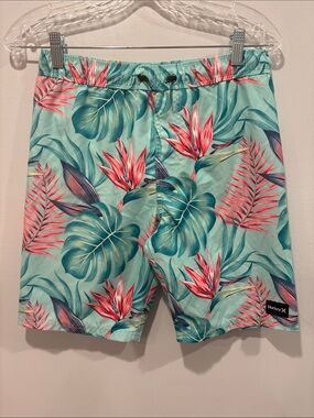 Hurley Men’s Aqua Teal & Coral Tropical Swim Shorts